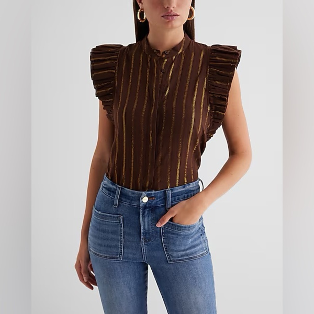 Metallic Striped Flutter Sleeve Button Up Gramerc… - image 2